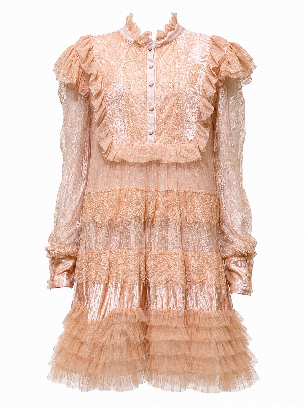 【新品DRESS 101】ドットチュールレースハイネックティアードフリルフレアミニドレス ピンクオレンジ【Manila Grace】
